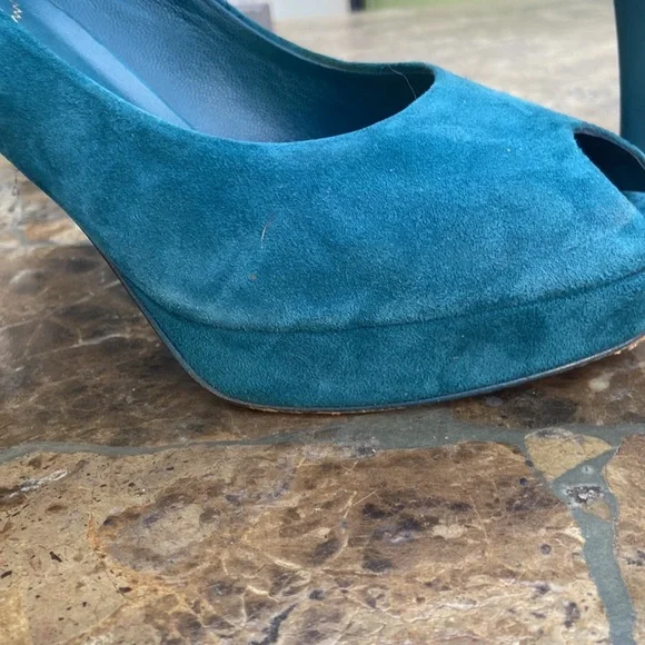 YSL Paris Teal Suede Peep Toe Platform Stilettos Sz 40 USA 9-9,5